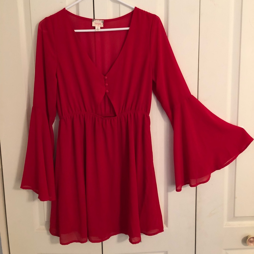 Red bell sleeve holiday dress